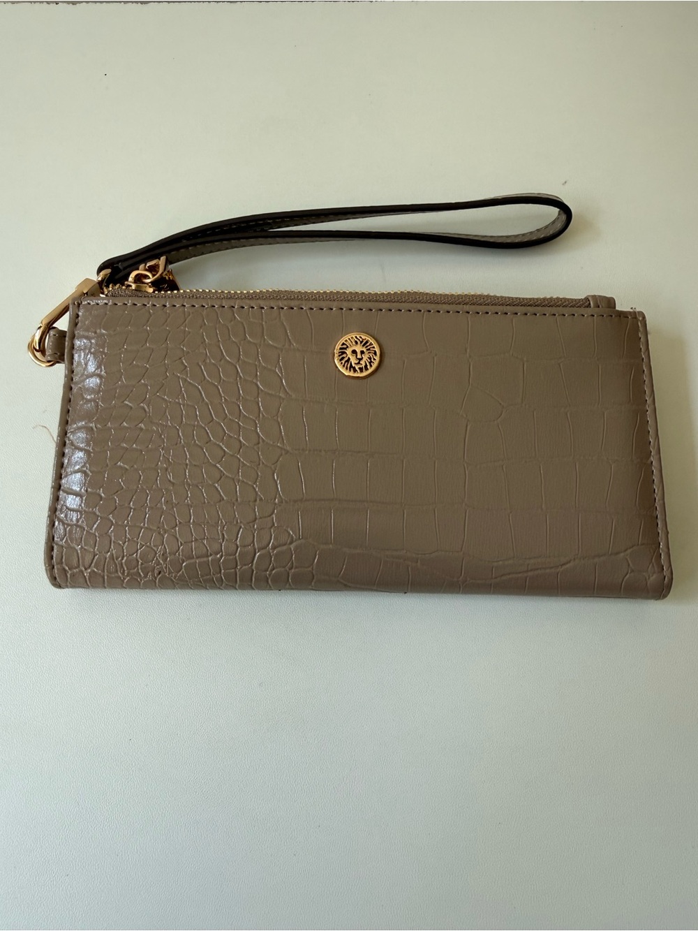Anne Klein Croc-Embossed Taupe Wristlet Wallet with Gold Accent